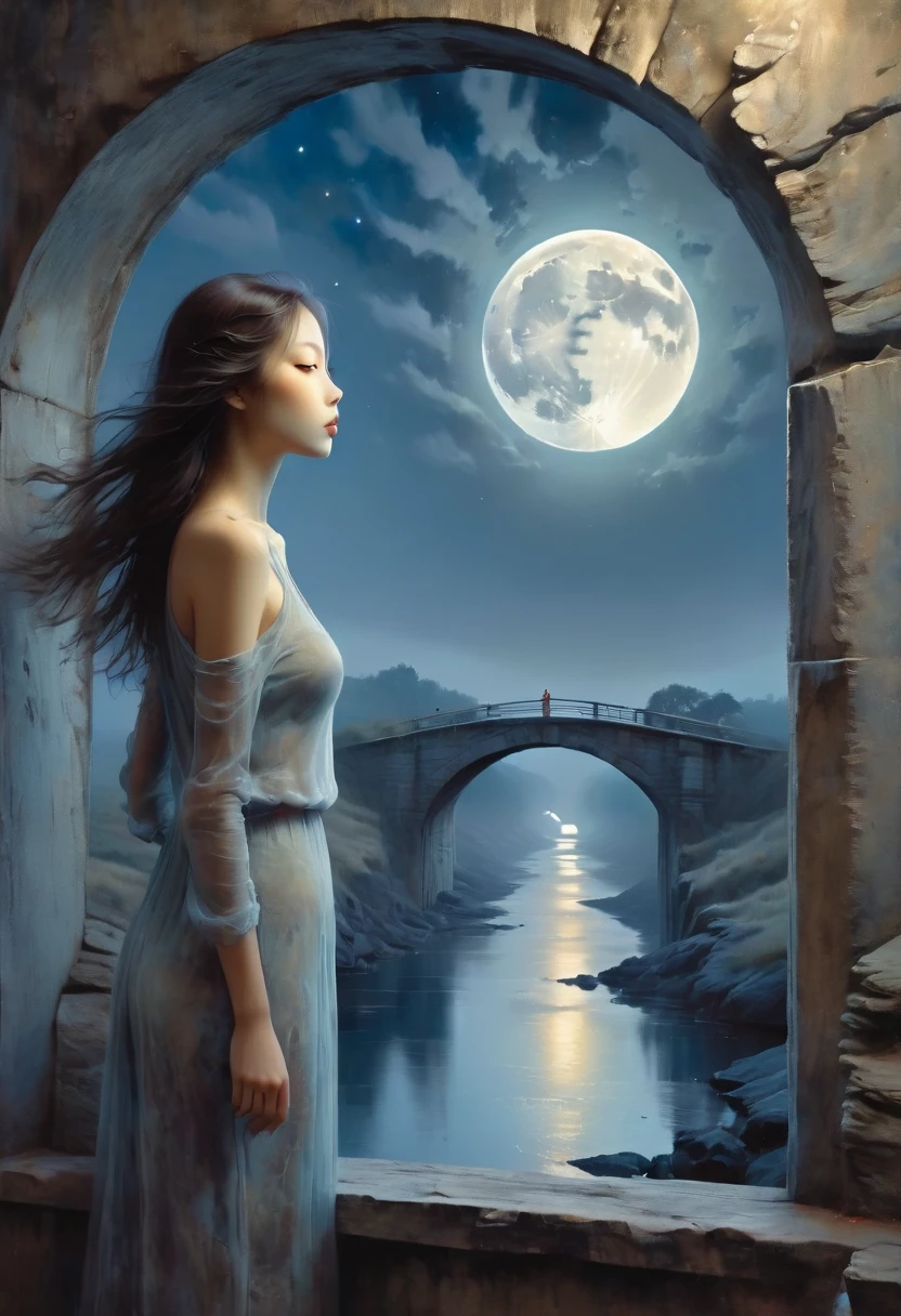 The scenery outside the window,Looking out from the window,Girl looking into the distance at the window,The Faceless Stone Woman on the Bridge,Handheld Light,Background with full moon, With the sky as a background, Brome's Art, Magic artwork, super fine, Fantasy Art Surrealism Beksinski
