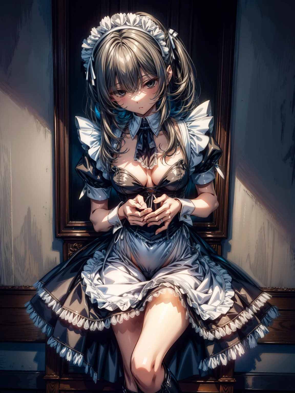 (perfect anatomy:1.2, highest quality),(Detailed maid leotard:1.6),1girl,solo,long hair:1.5, (short sleeves, Thighs,maid cuffs),,hypnoLora, empty eyes,high heel lace-up boots  boots, dark aura,leotrad