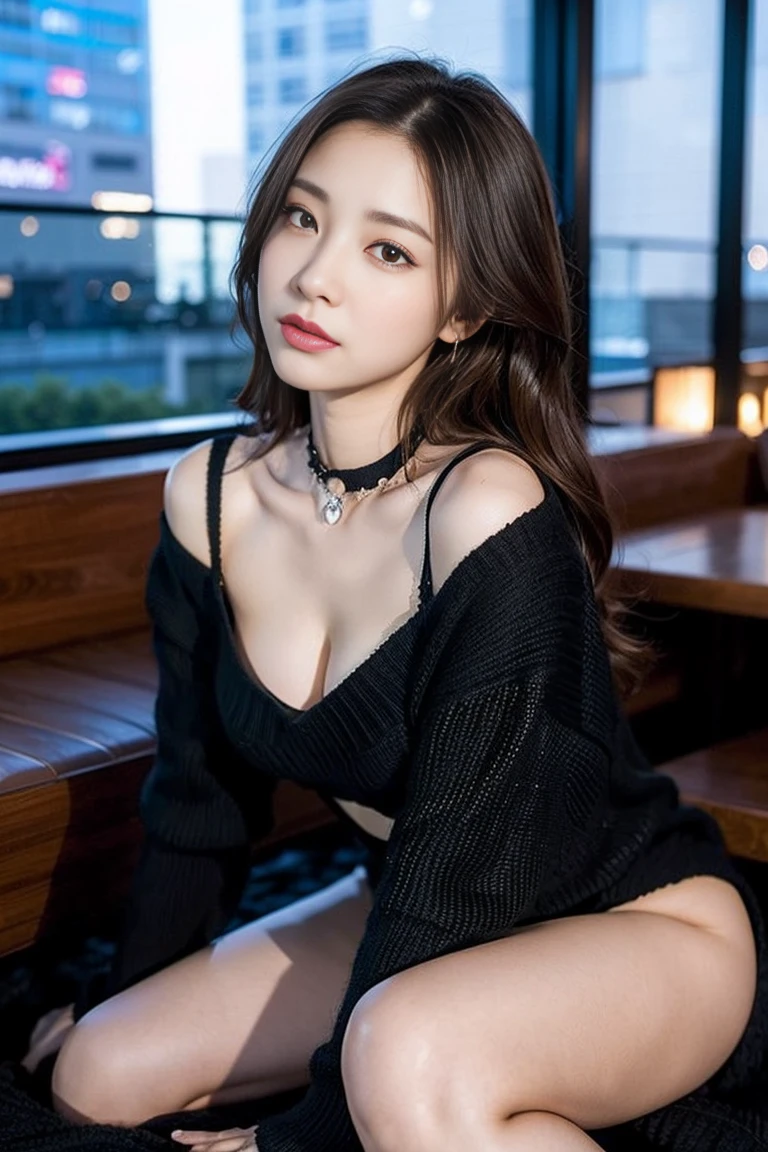 dark brown hair、light brown eyes、Japanese actress face、 lady、I&#39;Iは彼とIが好きです&#39;I&#39;Iは40歳くらいです.、(intricate details:1.2)、(which one is the top?:1.4)、 (ultra high resolution:1.2)、ultra high resolution、(finely tuned)、(detailed facial features)、nffsw、8K resolution、D cup size breasts、long hair、rooftop bar、night view、luxurious space、relax、、,full body photo、head to toe shot、beautiful feet、camisole dress、beautiful feet、she,   center of fashion, extreme details, very detailed, realistic, hourglass body, obscene pose,、、I cry a lot、tears、diagonally from below、raise your chin、With your back against the wall、relaxした表情、Pose of Weakness、(auraroid photo:1.2)、from outside the window、A masterpiece of transparent painting、8K、32k、highest quality、(Details of both eyes)、1 girl、elegant、(Black loose knit :1.4)、night view。(Low - Angle、Iを見ている:1.2)、Hilarious、look at the camera、
