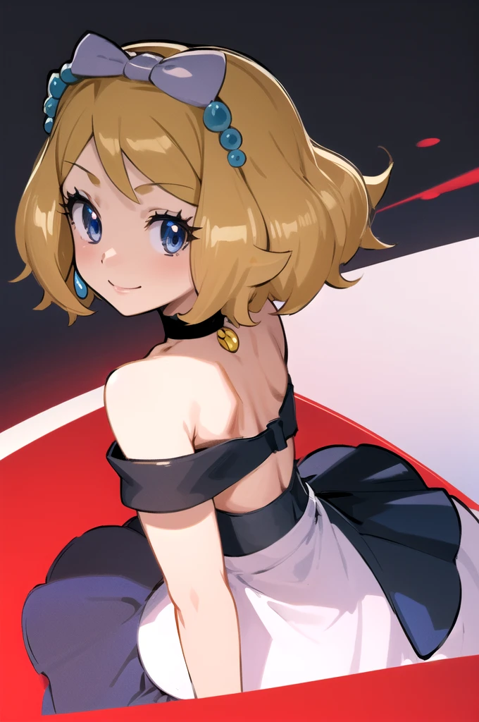 masterpiece, best quality, 1girl,serena \(pokemon\), short hair, blonde hair, blue eyes, eyelashes, black choker, hair bow, dress, collarbone, large breasts, upper body, smile, looking at viewer, solo, simple background 