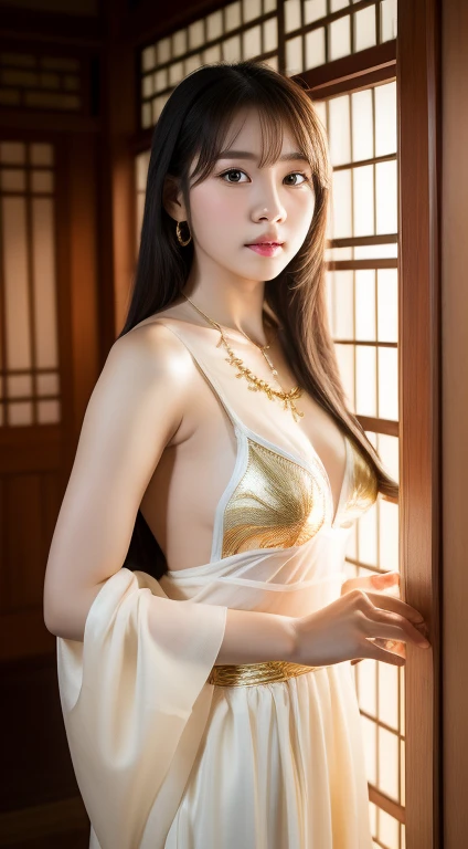 realistic photos of 1 cute Korean star, straight hair, white skin, thin makeup, 32 inch breasts size, wearing Thai traditional costume, necklace, in Thai style house, upper body portrait, backlighting, UHD