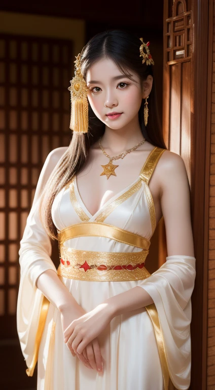realistic photos of 1 cute Korean star, straight hair, white skin, thin makeup, 32 inch breasts size, wearing Thai traditional costume, necklace, in Thai style house, upper body portrait, backlighting, UHD