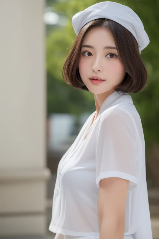 (highest quality、8K、32k、masterpiece、UHD:1.2)、photo of cute japanese woman、1 girl、(dark brown medium short hair)、(huge tit)、double eyelid、Take off your white nurse uniform、little white nurse (cap) 、White sheer underwear、full body esbian、Sexy