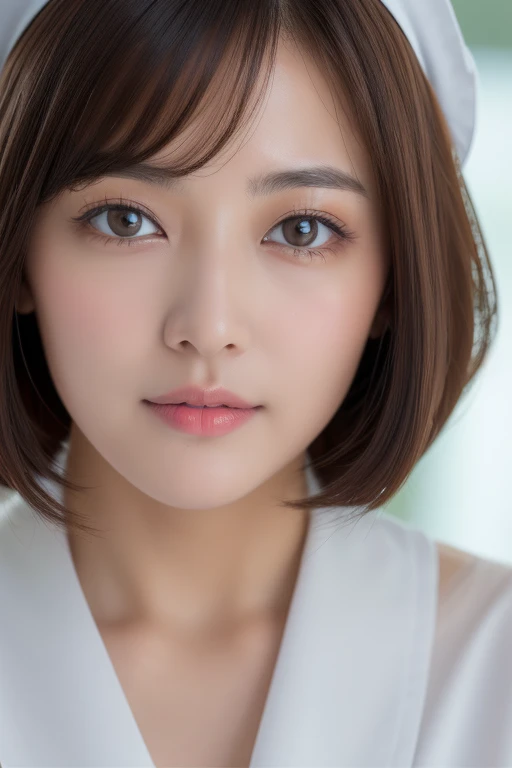 (highest quality、8K、32k、masterpiece、UHD:1.2)、photo of cute japanese woman、1 girl、(dark brown medium short hair)、(huge tit)、double eyelid、Take off your white nurse uniform、little white nurse (cap) 、White sheer underwear、full body esbian、Sexy
