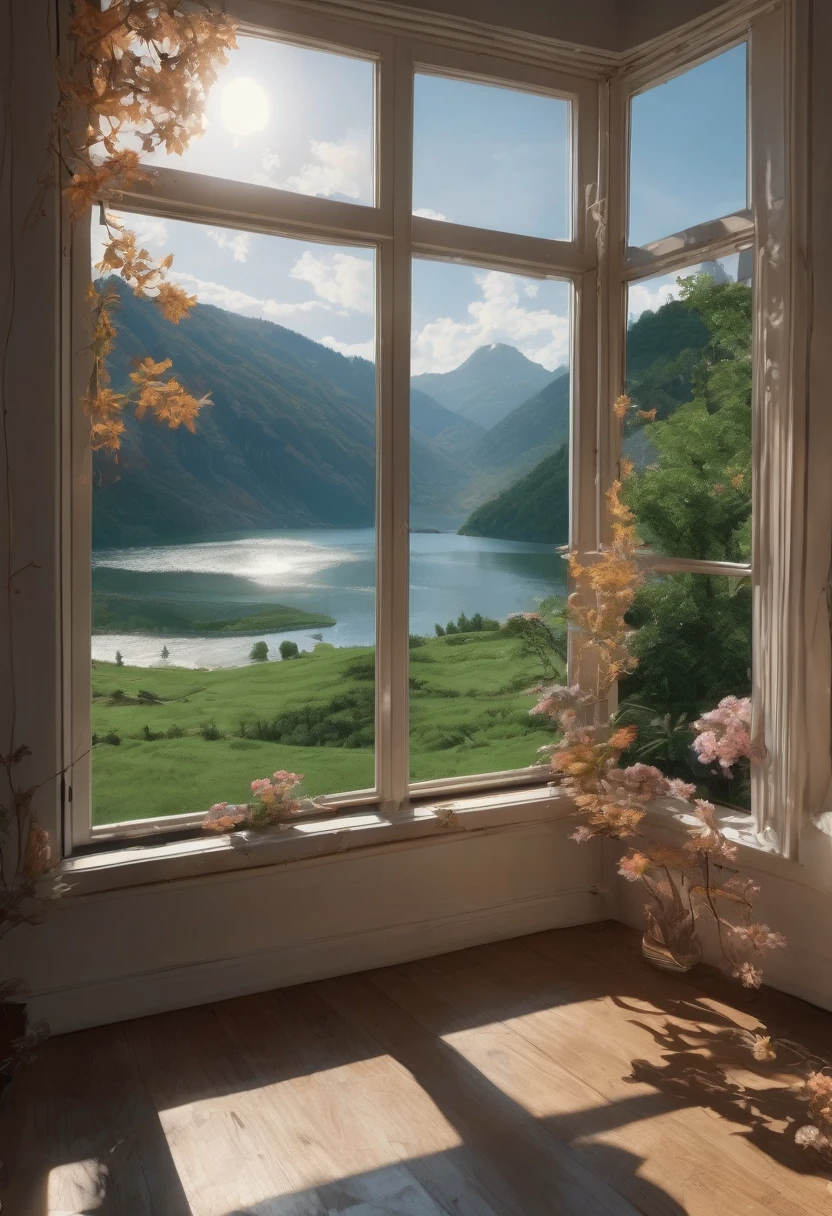 1girl, The View Outside the Window, (4k,8k,highres,:1.2),ultra-detailed,(realistic,photorealistic,photo-realistic:1.37),indoor view,window view,outside scene,outdoor scenery,breathtaking landscape,panoramic view,serene atmosphere,clear blue sky,rolling hills,green meadows,colorful flowers,trees swaying in the wind,sun shining brightly,golden sunlight streaming in through the window,glimmering lake in the distance,crystal-clear water,reflection of the sky on the water surface,lush forests,majestic mountains on the horizon,peaceful countryside,tranquil setting,quiet ambiance,gentle breeze rustling the leaves,morning mist over the fields,tiny birds chirping,soft rays of sunlight illuminating the room,nature's beauty at your doorstep,serenity of the outside world,boundless beauty right outside the window . masterpiece, best quality, very aesthetic, absurdres, aesthetic