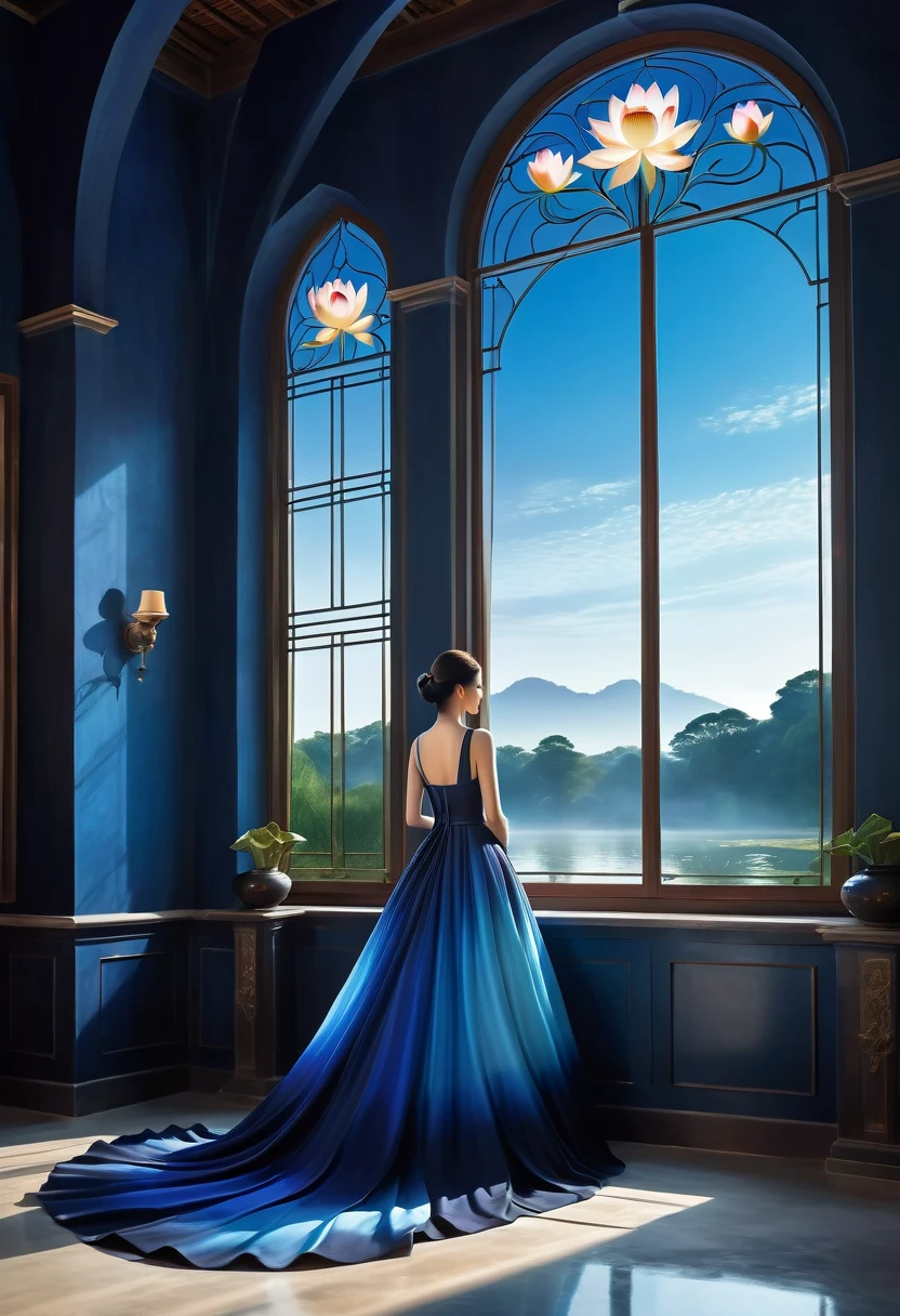 beautiful dark room，There is a big window,  The scenery outside the window，(Looking out from the window:1.5)，Roman style windows，An elegant woman wearing a blue gradient dress standing by the window.  A large lotus pond outside the window, creating a surreal ambiance.  Inspired by concept artist Mobius, The color has a strong contrast between light gray and dark navy blue, Create a sense of mystery.