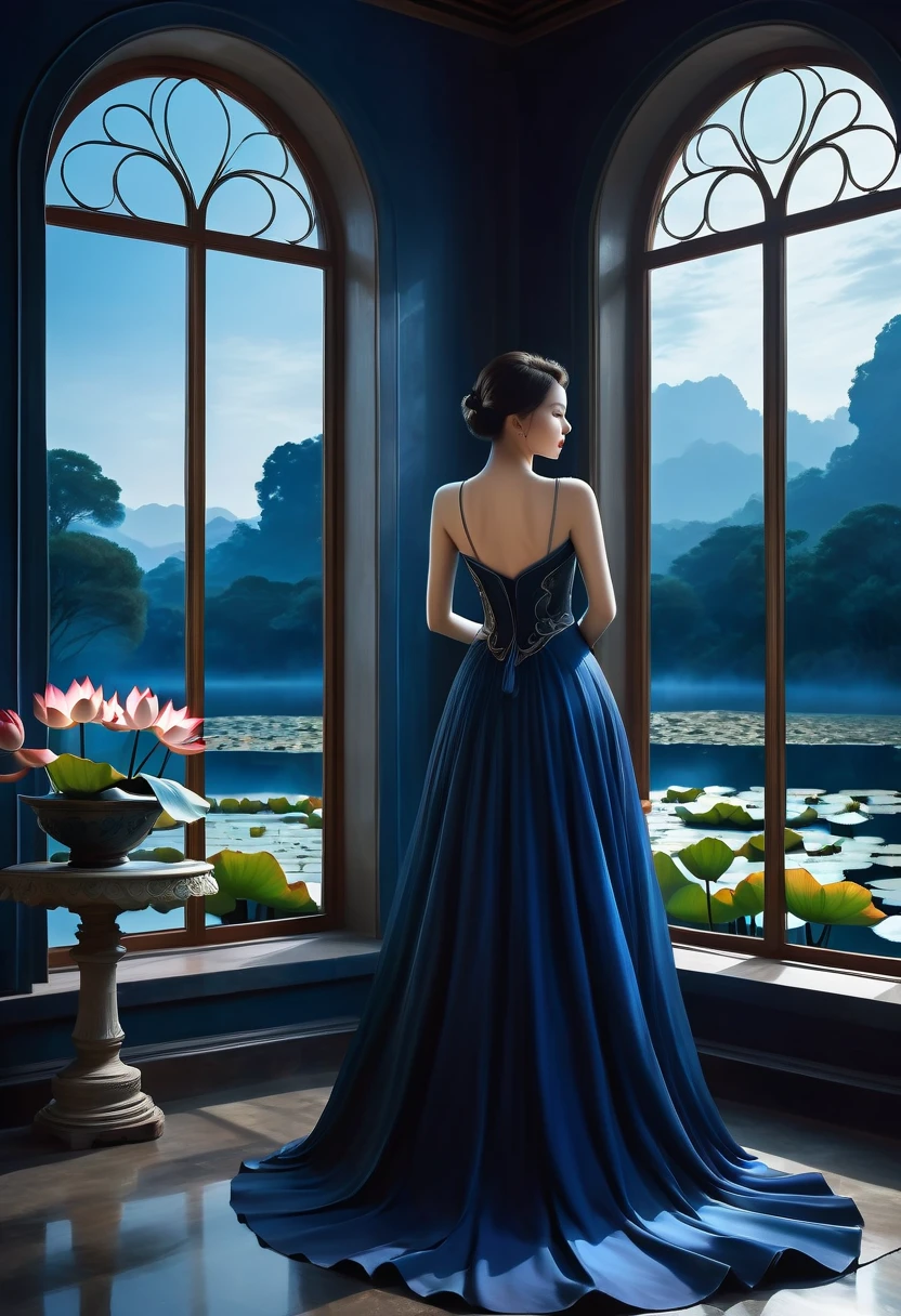 beautiful dark room,There is a big window, The scenery outside the window,(Looking out from the window:1.5),Roman style windows,An elegant woman wearing a blue gradient dress standing by the window. A large lotus pond outside the window, creating a surreal ambiance. Inspired by concept artist Mobius, The color has a strong contrast between light gray and dark navy blue, Create a sense of mystery.