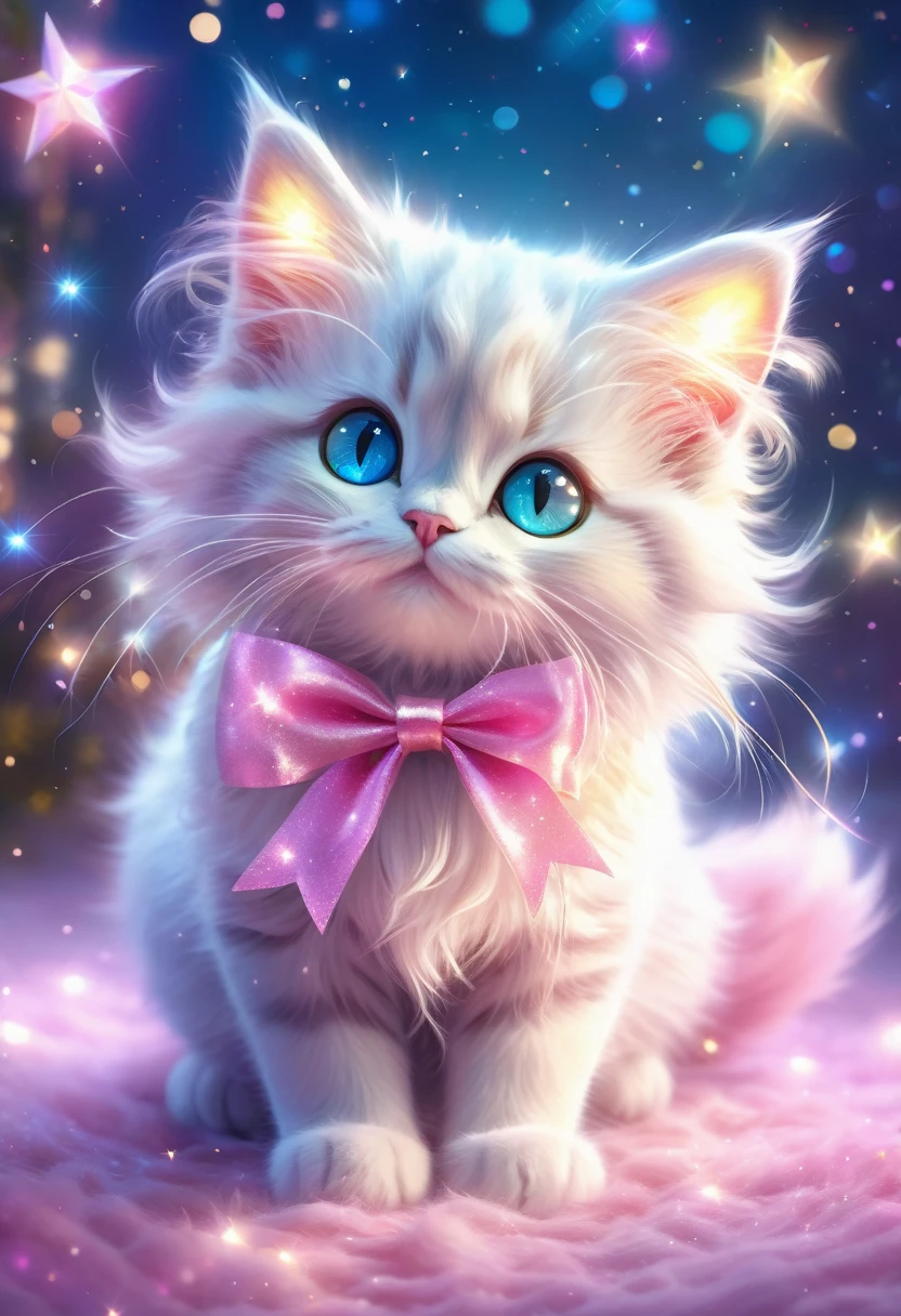 (highres:1.2),magical cat,illustration,fluffy fur,sparkling eyes,curled tail,floating in the air,cute pink bow (best quality,highres),shining stars,glowing wand,colorful sparkles,enchanting background,dream-like atmosphere,luminous moonlight,vibrant colors,mystical fantasy,whimsical style,fanciful scenes,soft pastel tones (HDR),ethereal lighting,mesmerizing glow