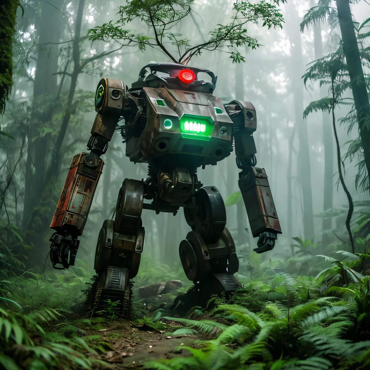 plant，old jungle，Mossy，droid，robot,Covered with vegetation, fog，Science fiction，Forgotten，movie posting