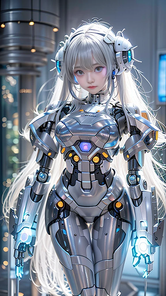 ((robot girl, Mecha)), shining eyes, delicate face, broken armor, Mechanical aura, Mechanical arm, gray hair, long hair, ceramic body, thigh gap, small breasts, cyber background, very nice city, (translucent, reflective skin), 8K, highest quality, Super detailed, (surrealism: 1.4),