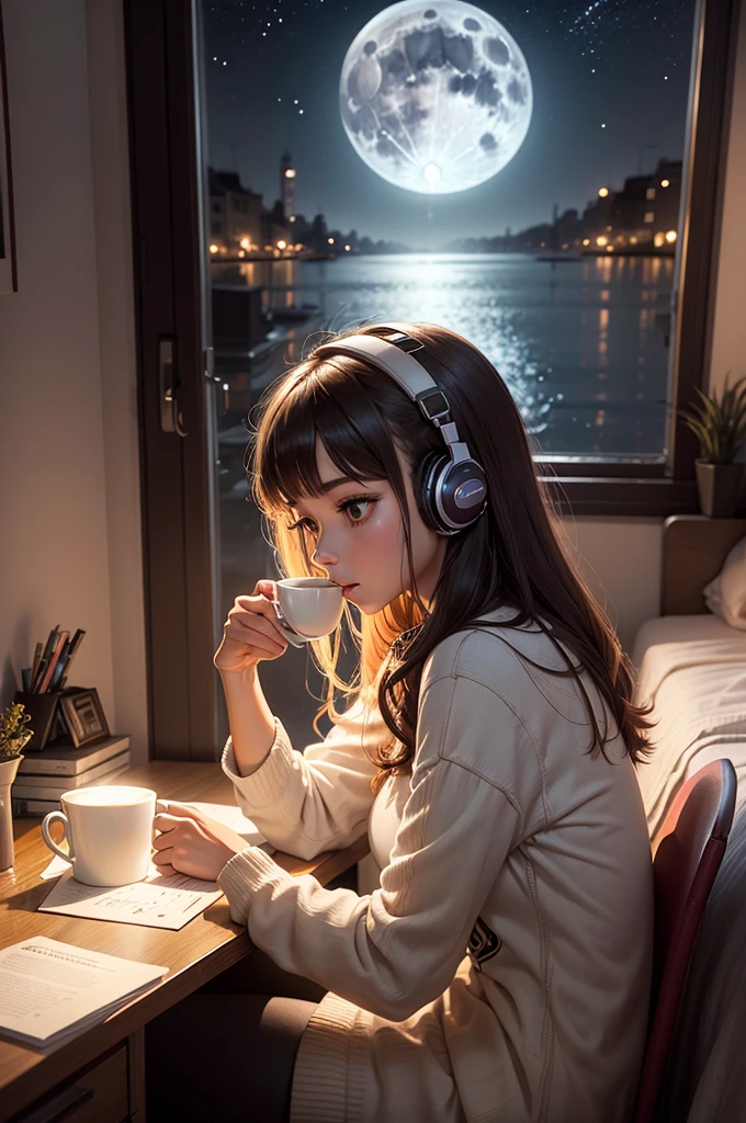 young woman listening to music in her room sitting in and drinking coffee admiring the night of the full moon