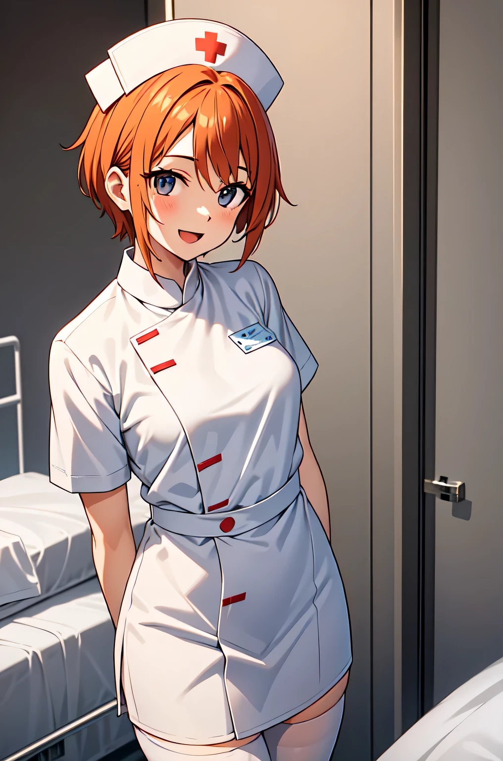1girl, solo, nurse, nurse cap, white nurse uniform, ((white legwear, zettai ryouiki)), white gloves, very short hair, orange hair, smile, open mouth, standing, ((hospital room)), sharp outline, short sleeves, tomboy, boyish, best quality, masterpiece