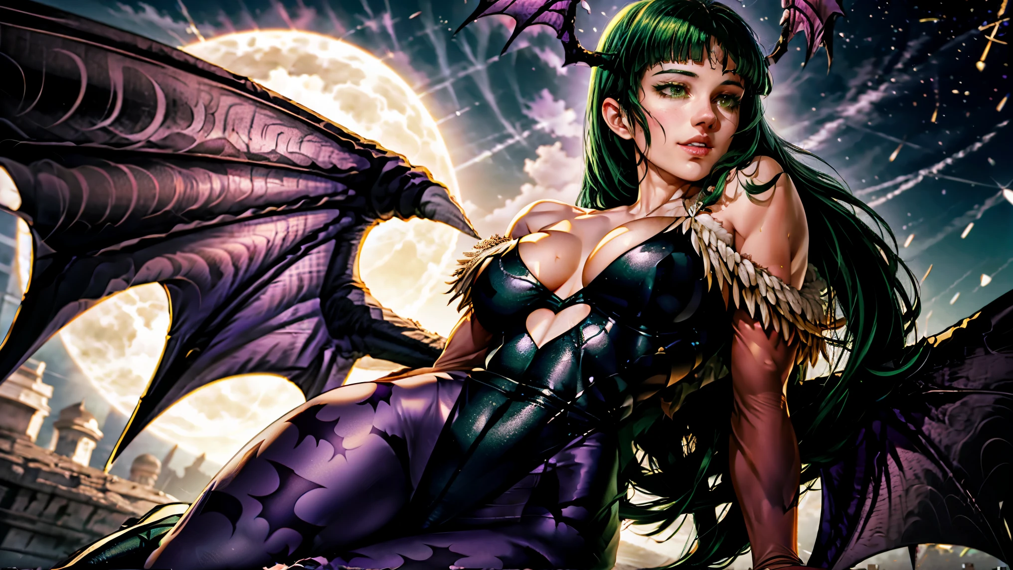 maximum quality、obra-prima、super high resolution、(Photorealistic:1.4)、1 garota、Cabelo longo verde brilhante、cabelo liso, cabelos brilhantes e limpos、cabelo verde claro, olhos verdes , Pele branca e brilhante、Garota sexy、((detalhes super realistas))、octane rendering、ultra-afiado、rosto hiperdetalhado、Fibra de vidro、detalhes altamente intrincados、Realistic luz、CGSoação Trends、(facing the camera)、neon details、Asas de morcego roxas nas costas, small bat wings on the head、a noite estrelada, Light purple skintight pants printed with silhouettes of dark purple bat symbols scattered randomly on light purple skintight pants, in the background the moon in the starry sky, warm lighting, (luz_sorriso:1.0), fireworks in the background.