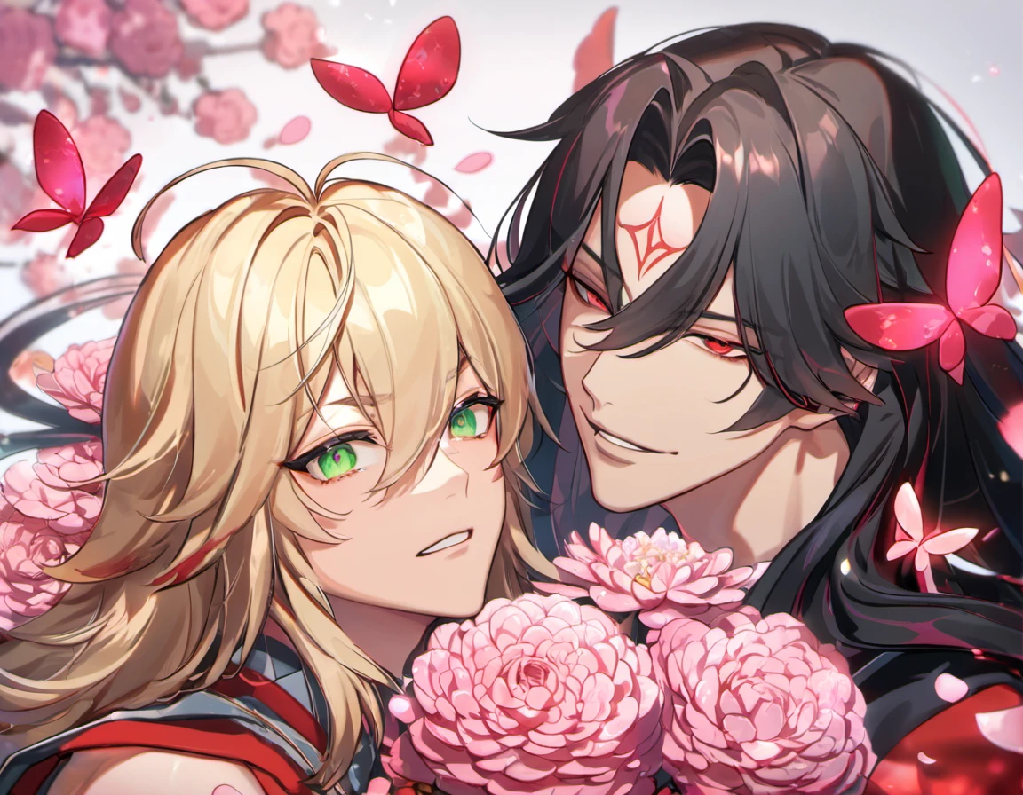 (absurdres, highres, ultra detailed, HDR), master piece, best quality, Asura, black long hair, tanned skin, expressive red eyes, red mark on the forehead, Onmyoji, Taishakuten, short ash blond hair, hair between the eyes, expressive green eyes, 2 gay men hugging, handsome, pink petals, pink butterflies, pink flowers