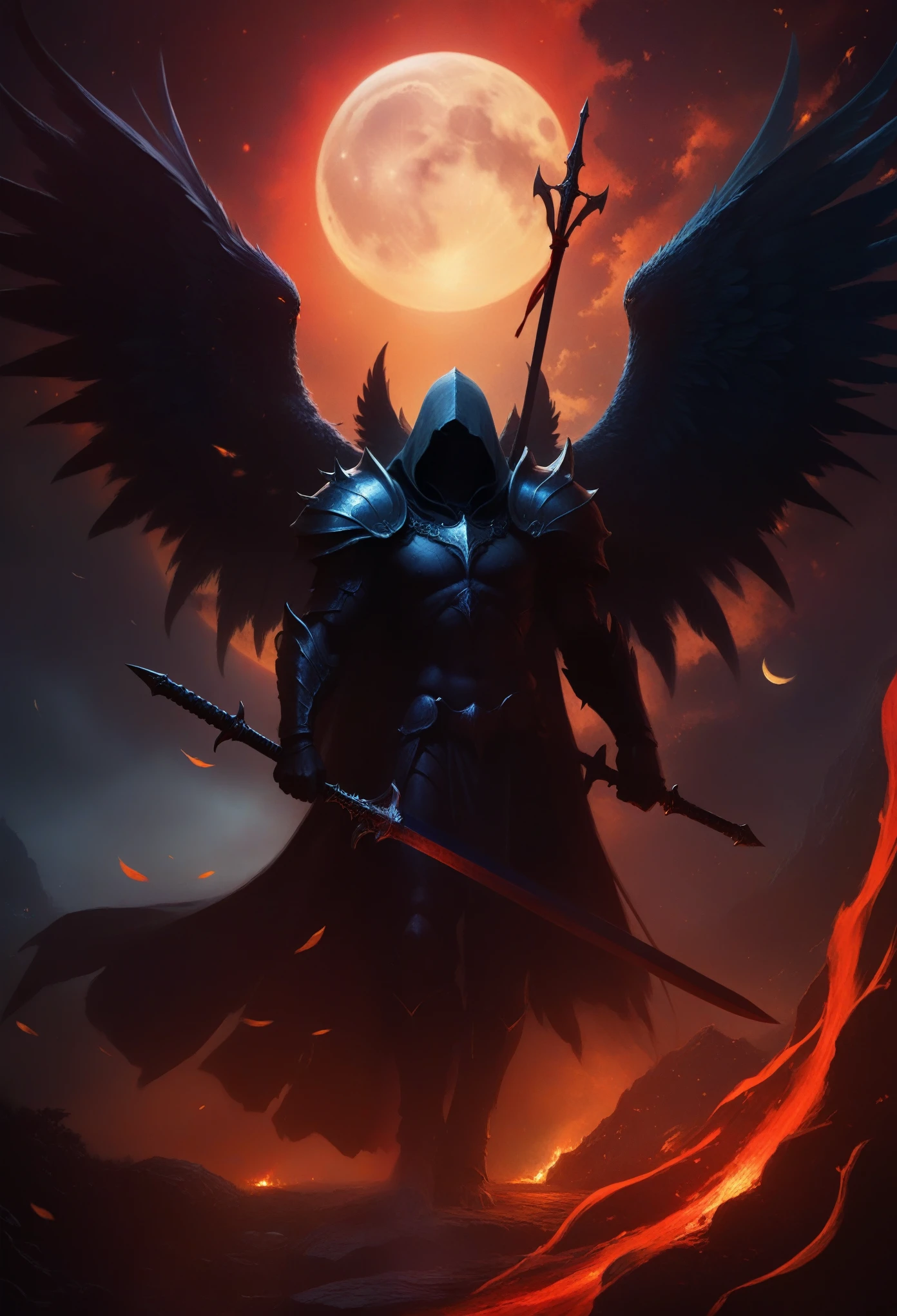 a painting of a demon with wings and a sword in front of a full moon, guildwar artwork, diablo digital concept art, 4k fantasy art, winged archer, dark angel, archangel, dark fantasy style art, dark fantasy artwork, 8k fantasy art, dark warrior, dark fantasy art, epic fantasy digital art style, the angel of death with a halo