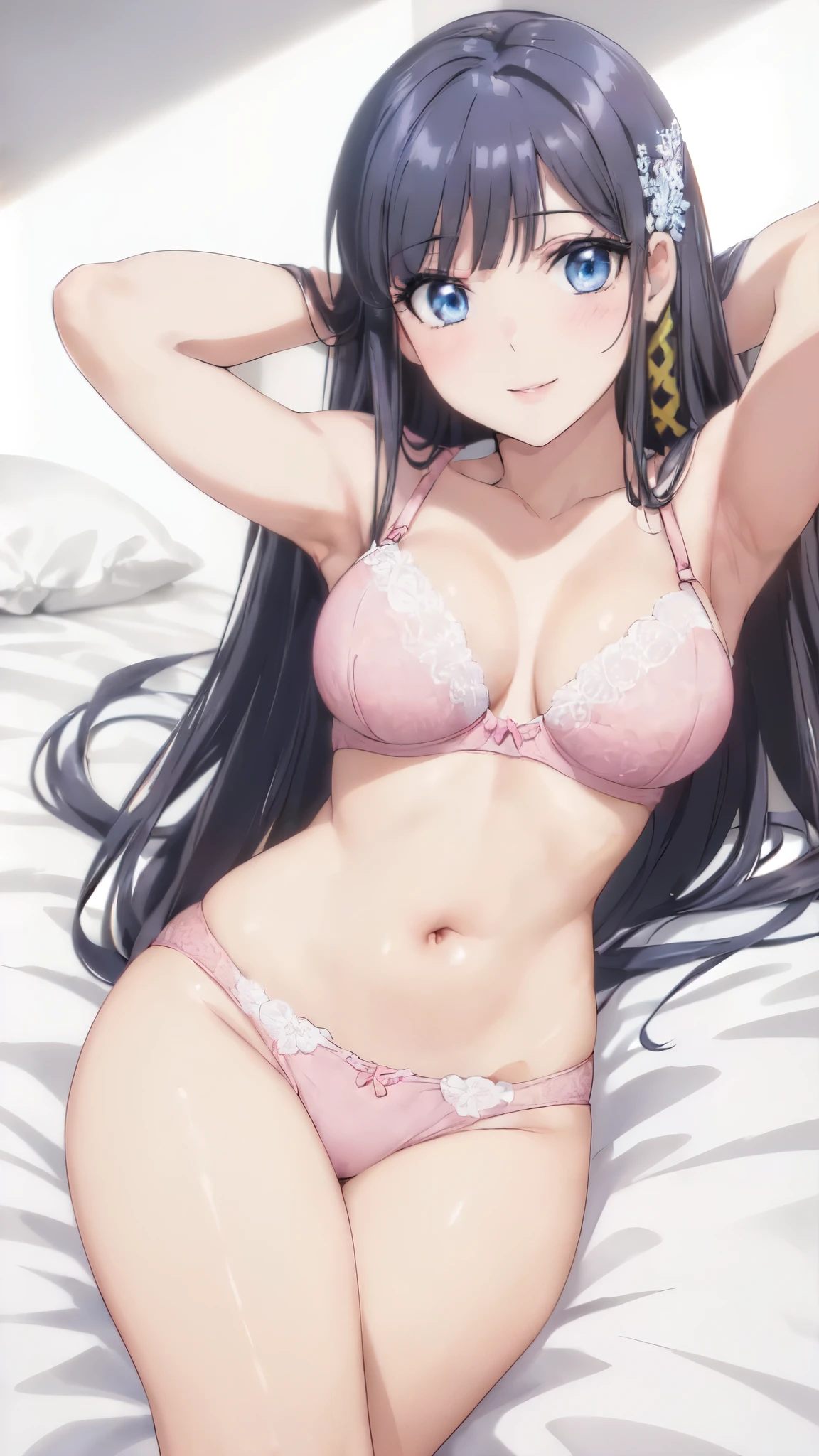 (masterpiece:1.5),(perfect anatomy:1.4),anime character,(bright room:1.1),(vivid color:1.4),(White hair ornament:1.5),(yellow hair ornament:1.3),(slender:1.4),perfect female body,Bright colors,perfect lighting,(light from the front,light shines on your face:1.3),(very accurate details,ultra high resolution,Highly detailed CG) nity 8K wallpaper:1.5),(realistic,Photoreal,超realistic:1.4),(curve,model,Glamour:1.4),beautiful breasts,beautiful detailed shadows,beautiful eyes,beautiful body,beautiful skin,beautiful hands,(Aesthetic Anime Eyes:1.4),shiny hair,(black hair:1.5),(long straight hair:1.5),(smile,blush:1.4),(Exquisite fabric,pink bra,highly detailed bra,Rajbra,Ren Hao,lace trim bra,lace trim legwear:1.4),(Pink underwear above and below:1.4),(Very beautiful and mysterious pink underwear:1.4),big breasts,on the bed,(lie on one's back:1.4),white pillow,All funny sheets,(White hair ornament:1.4),(yellow hair ornament:1.3),blue eyes,(mouth is slightly open:1.0),(pink lips:1.4),(natural makeup:1.3),(arms behind head:1.2),(black hair:1.5),