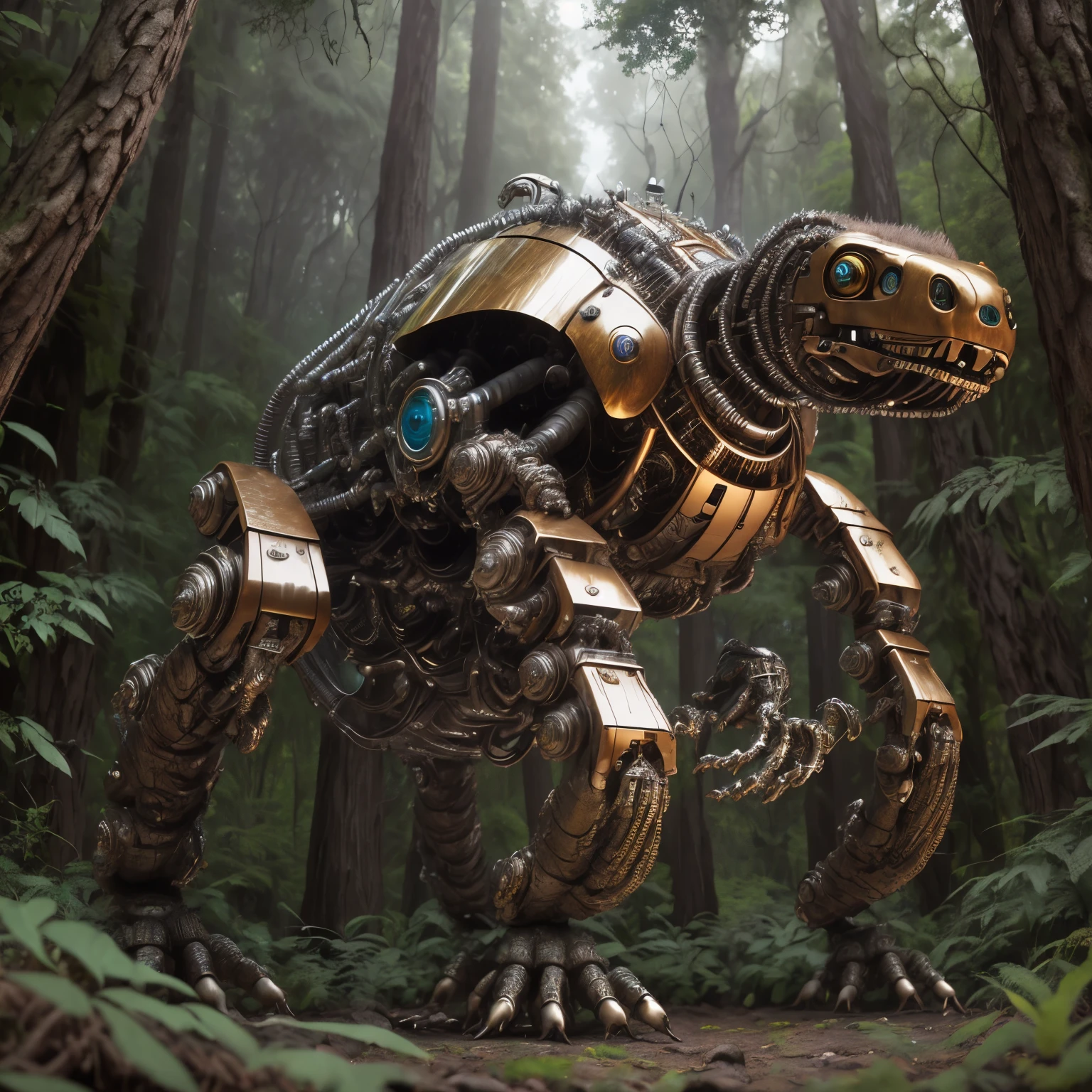(最high quality, masterpiece, high detail), (8K, high quality, surreal), Mech4nim4lAI, a ground sloth cyborg reaching out with its hind legs, (forest),