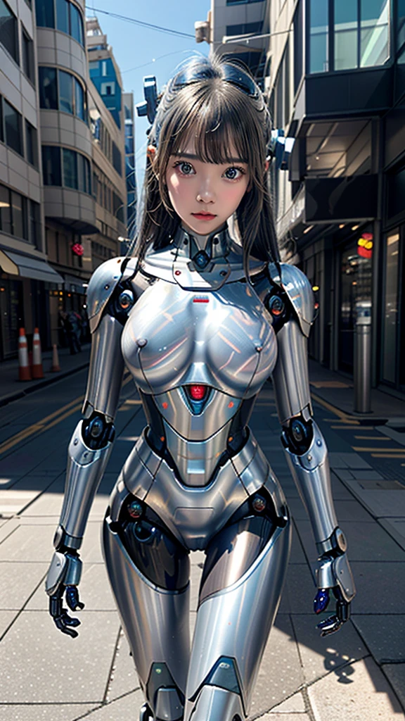 ((robot girl, Mecha)), shining eyes, delicate face, broken armor, Mechanical aura, Mechanical arm, gray hair, long hair, ceramic body, thigh gap, small breasts, cyber background, very nice city, (translucent, reflective skin), 8K, highest quality, Super detailed, (surrealism: 1.4),