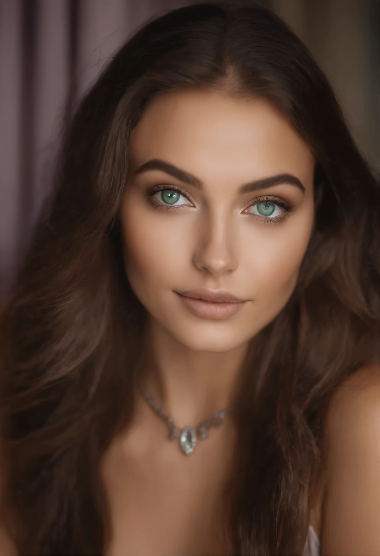 Arafed woman with a white tank top and necklace, fille sexy aux yeux verts, Portrait Sophie Mudd, cheveux bruns et grands yeux, selfie of a young woman, Yeux de chambre, Violet Myers, sans maquillage, maquillage naturel, looking straight at camera, Visage avec Artgram, Maquillage subtil, Superbe photo du corps entier, piercing green eyes