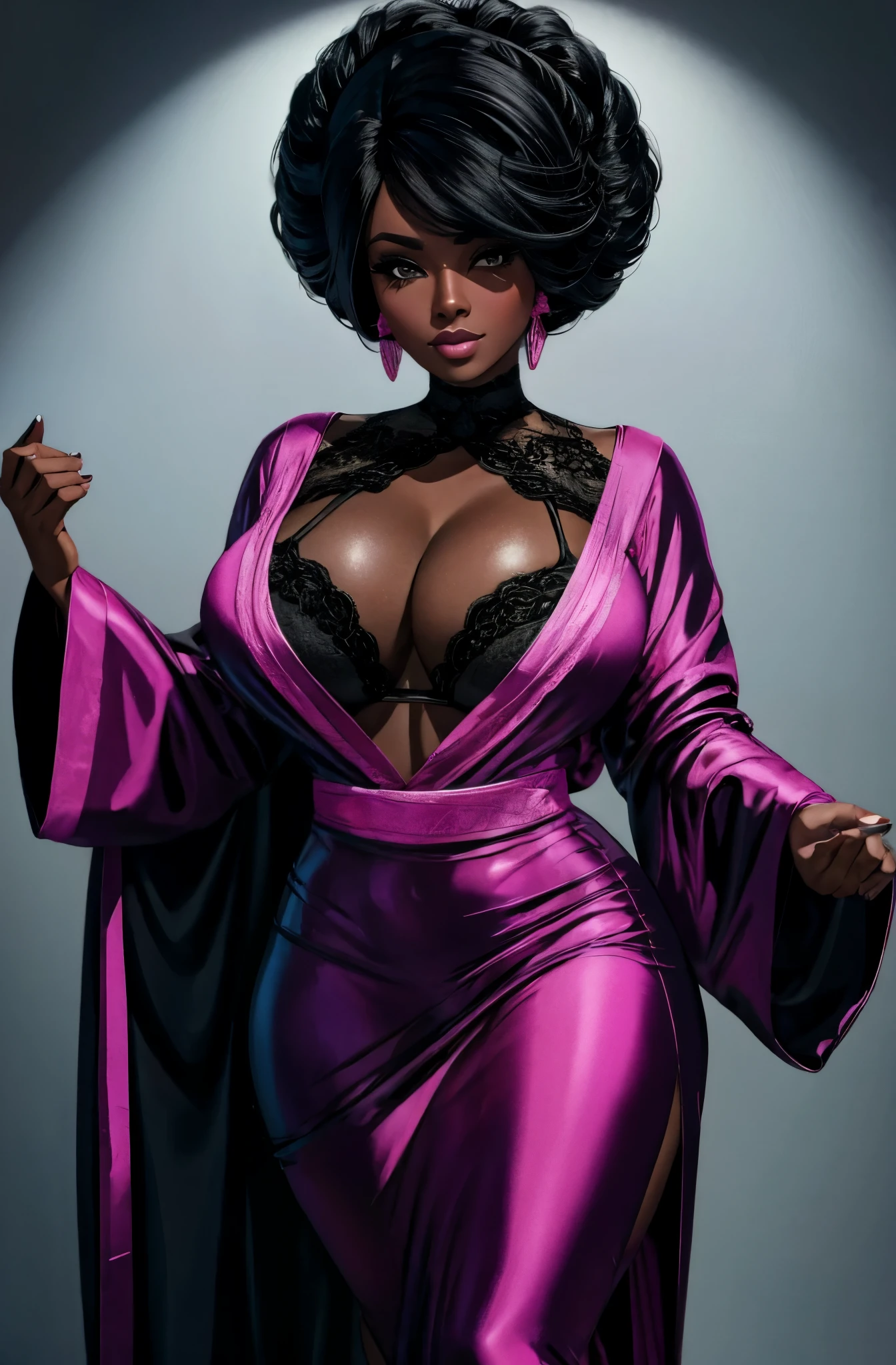 gorgeous black woman, black hair, pink transparent robe, white background, blank background