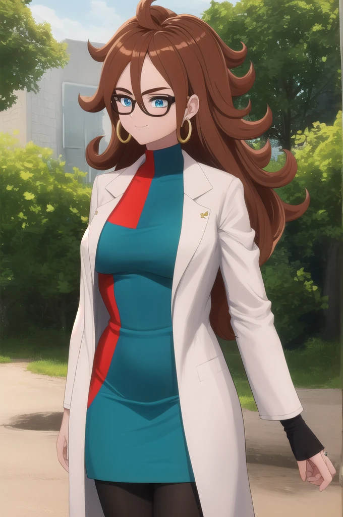 android21, 1girl, solo, blue eyes, brown hair, long hair, curly hair, hair between eyes, jewelry, hoop earrings, glasses,
checkered dress, two-tone dress, multicolored dress, tight dress, turtleneck, black pantyhose, labcoat, long sleeves,
smile,closed mouth,cowboy shot,
forest,outdoor,
(insanely detailed, beautiful detailed face, masterpiece, best quality) cinematic lighting,