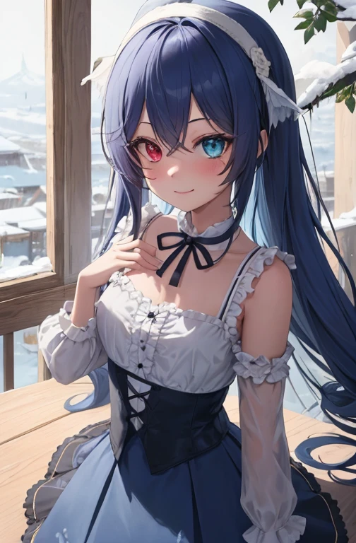 cheese, highest quality, (table top:1.2), figure, absurd, (1 girl), (alone), (beautiful detailed girl), (Upper body, portrait), fairy wings , smile, blush, looking at the viewer,looking at the viewer、1 girl、solo、Full body Esbian、standing、long blue hair、、 Waterstone、heterochromia iris、twin drill, long skirt,snow scene、