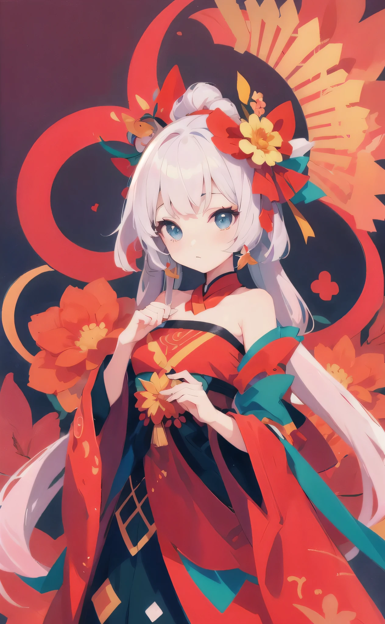 Wearing a red and blue dress、Anime girl with flowers on her head, anime style 4 k, Cute anime waifu wearing beautiful clothes, anime art wallpaper 8k, Anime Art Wallpaper 4k, anime art wallpaper 4k, Anime cute art style, Onmyoji portrait, anime style. 8K, Onmyoji, best anime 4k konachan wallpapers