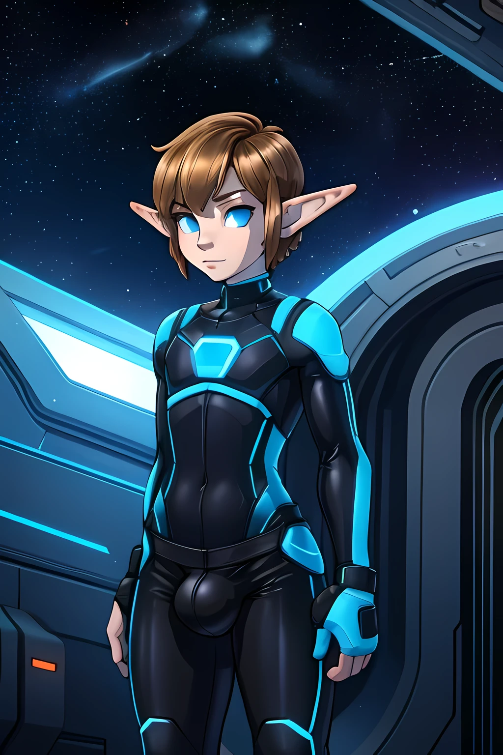 Cute elf boy, tomboy, space station background, thin body, slim, tron bodysuit, short hair, dark blonde hair, slick back hair, forehead, huge bulge in pants, blue eyes, forehead, flat chested