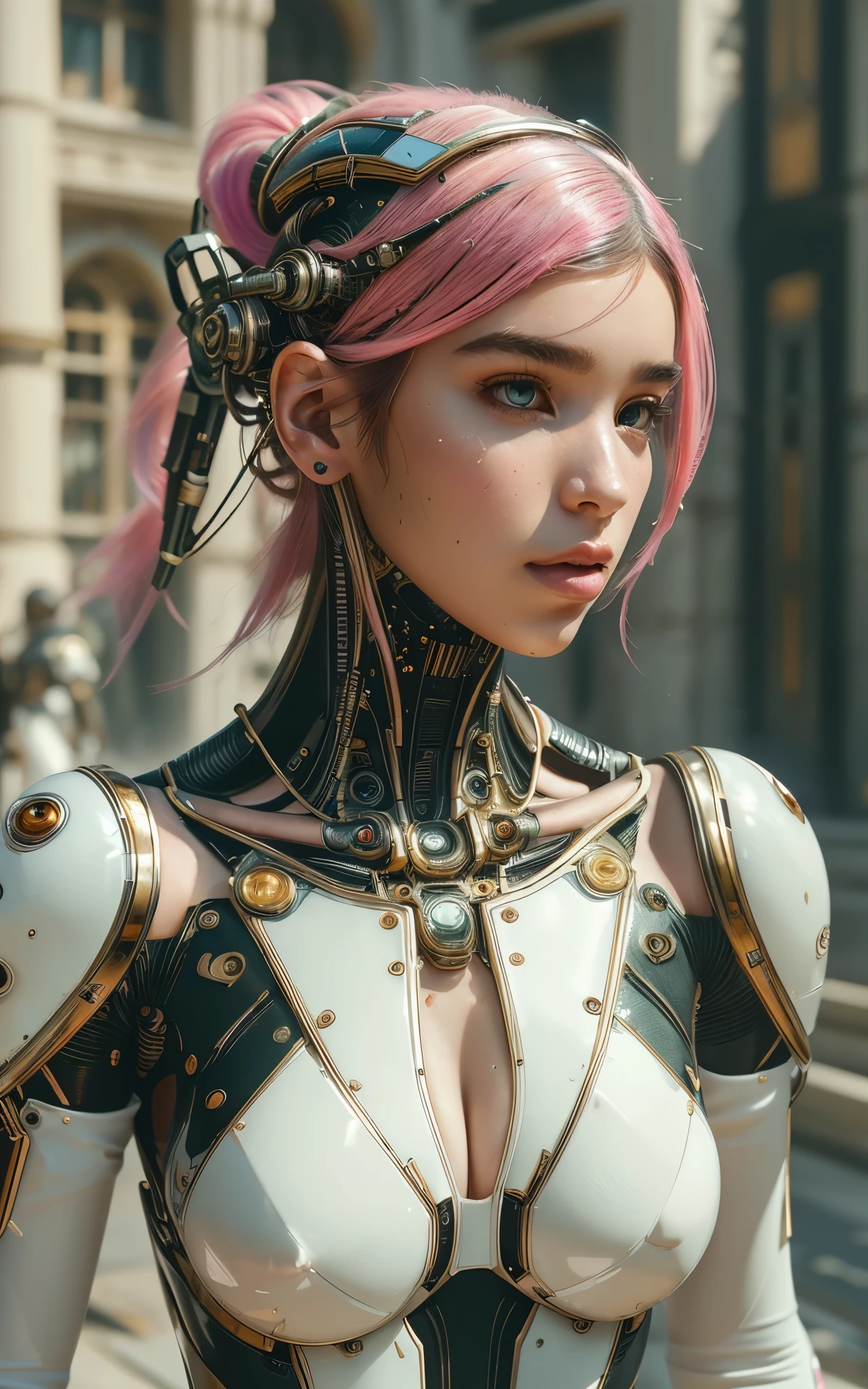 8k portrait of beautiful (cyborg) with pink hair, (Dua Lipa) , mecha musume scifi body suit, pauldrons, intricate, elegant, highly detailed, majestic, digital photography, art by artgerm and ruan jia and greg rutkowski surreal painting reflective, hairpin jewel, broken glass, (masterpiece, sidelighting, finely detailed beautiful eyes: 1.2), hdr,