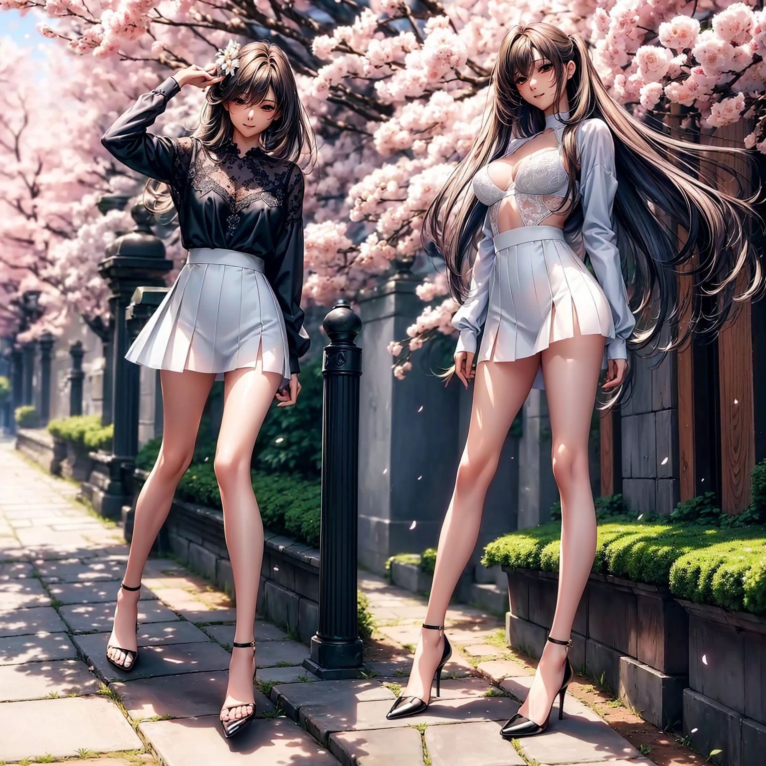 (((highest quality、masterpiece、very high resolution、High-definition images)))、Beauty Painting、realistic portrait、One strong-willed beautiful girl:18-year-old、beautiful body:Slender, beautiful breasts and beautiful legs、beautiful face:smile、eyes with strong will,beautiful hair:various hairstyles 、(best skin and hair texture,realistic skin texture,realistic hair texture)、((white blouse:Bra is transparent、Deep slit tight skirt and stockings on both legs))、beautiful park、beautiful cherry blossoms、stone steps、beautiful sky、Natural light、beautiful scenery、model pose、beautiful pose、model shoot、fashion shoot、(((The wind is blowing))),stone stepsを登り下から見上げるアングル,accurate image:1.5、accurate anatomy:1.5、Image without defects、perfect image、Overall image、(best shot:1.2、Raw photo:1.2)