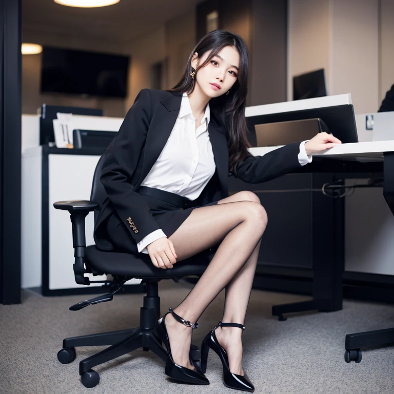 (Masterpiece), ((Best quality)), (Masterpiece,Best quality,offcial art,Extremely detailed Cg Unity 8K wallpaper), , Beauty photo, A lady,solo,Elegant upper-class elite secretary in a business shirt,Perfect look,Double eyelid eyes,Delicate makeup, working in an office,wearing a strict business suit, Wear pantyhose,Wear high-end heels,Girl in shirt, dressed in a suit, huge tit,full bodyesbian,dressed in a suit, dressed in a suit, merchant, Business clothes, wearing black suits, Wear a shirt and skirt, Woman in a suit, Business attire,Computer chair,Seated,Erlang legs,high-heels,view the viewer,brightly,Complicated details,foot focus,from below,