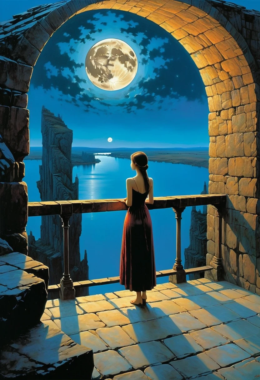 beautiful dark room，There is a big window, The scenery outside the window，Looking out from the window，Girl looking into the distance at the window，The Faceless Stone Woman on the Bridge，Handheld Light，Background with full moon, With the sky as a background, Brome&#39;s Art, Magic  artwork, super fine, Fantasy Art Surrealism Beksinski