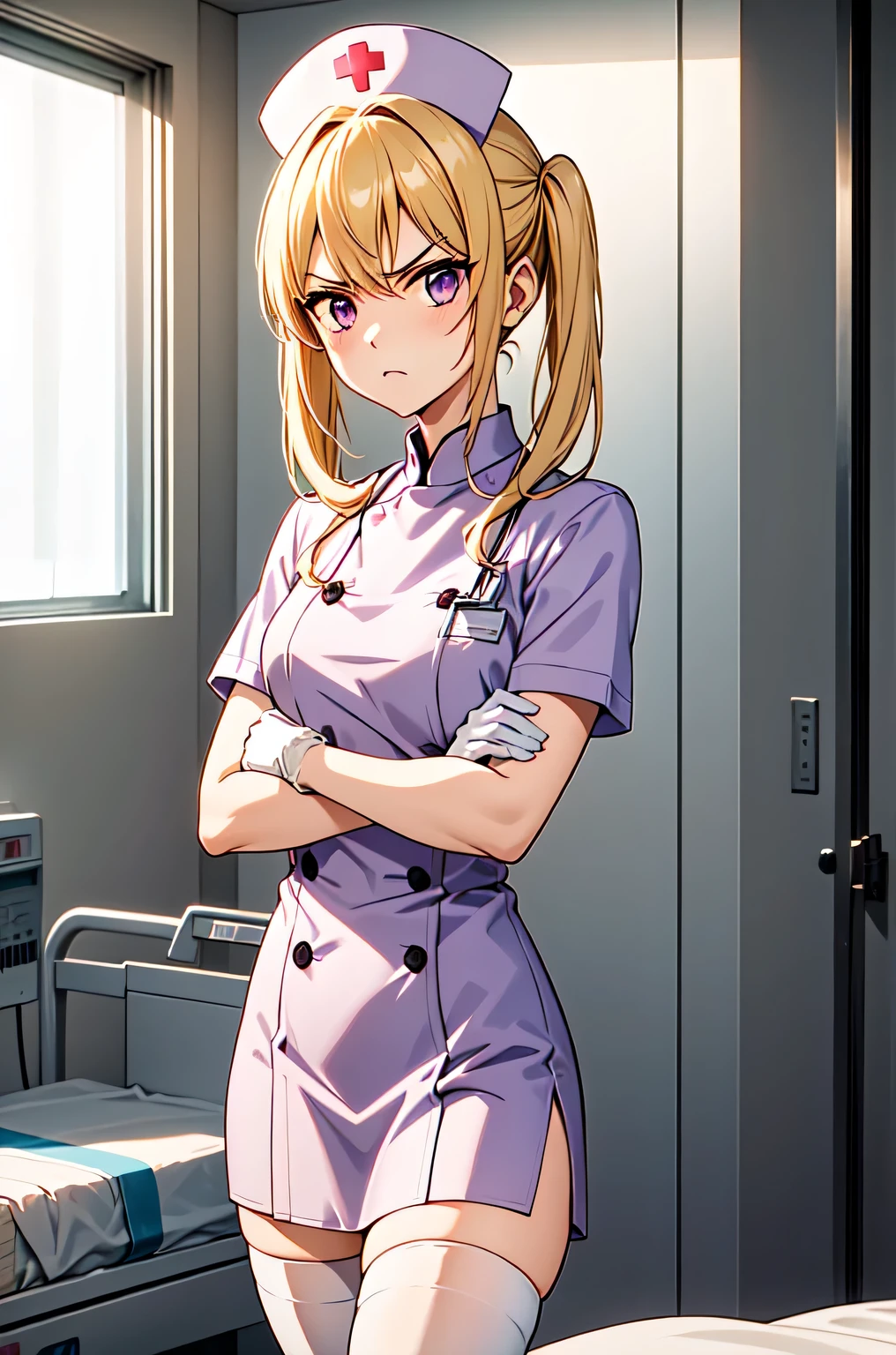 1girl, solo, nurse, nurse cap, white nurse uniform, ((white legwear, zettai ryouiki)), white gloves, twintails, yellow hair, purple eyes, angry, crossed arms, standing, ((hospital room)), sharp outline, short sleeves, best quality, masterpiece