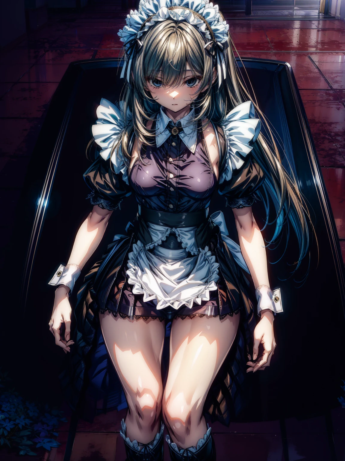(perfect anatomy:1.2, highest quality),(Detailed maid leotard:1.6),1girl,solo,long hair:1.5, (short sleeves, Thighs,maid cuffs),,hypnoLora, empty eyes,high heel lace-up boots boots, (no skirt:3.0),dark aura,leotrad