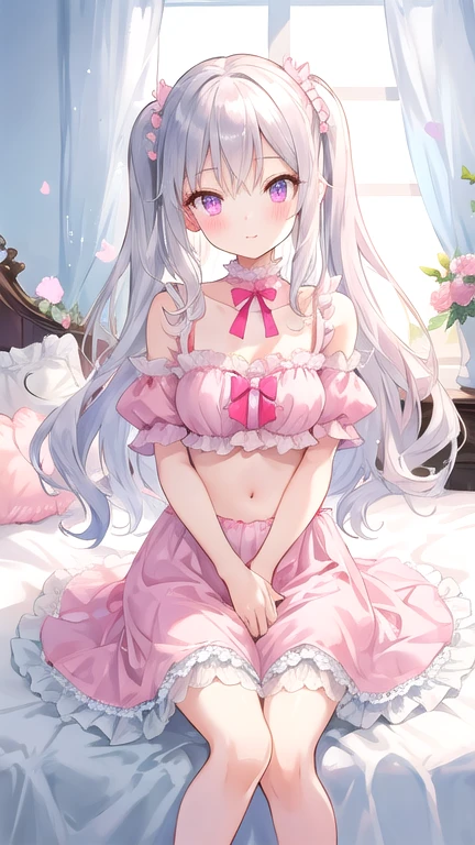 beautiful illustration, best quality, cute girl, bedroom, pastel color, two-piece frilled lingerie, , silver long hair, bright lighting, light pink eyes