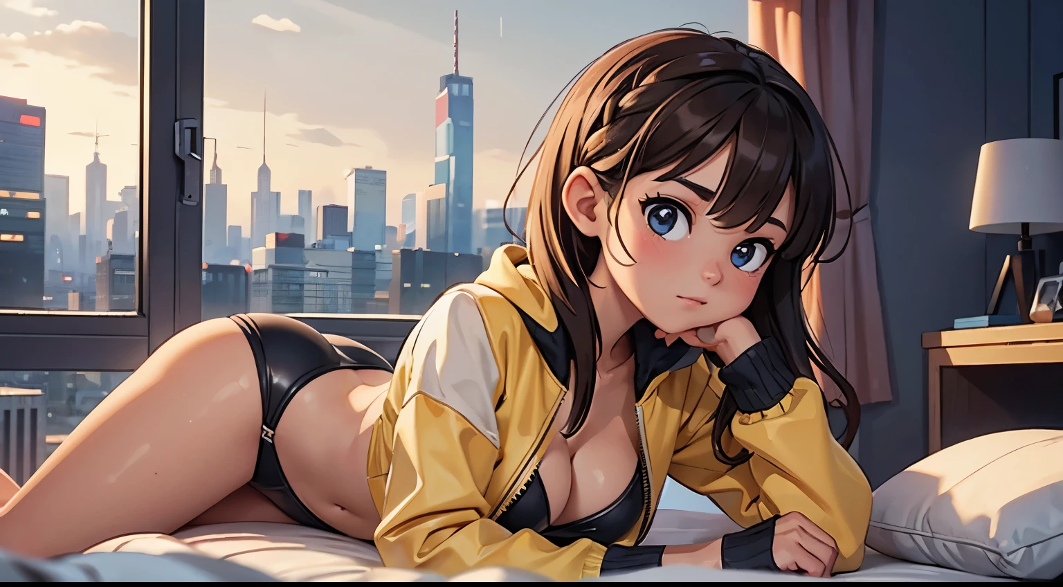 ((masterpiece)), ((best quality)), (ultra-detailed), ((extremely detailed)), 4K, (8K), flat color, heavy outline, sharp outline, 1girl, solo, side view, profile shot, ************ stunning cute girl, light brown french braid hair with bangs, yellow bikini with jacket, under boob, computing in cyberpunk style bed room, view from round shaped window, rainy night, neon glow