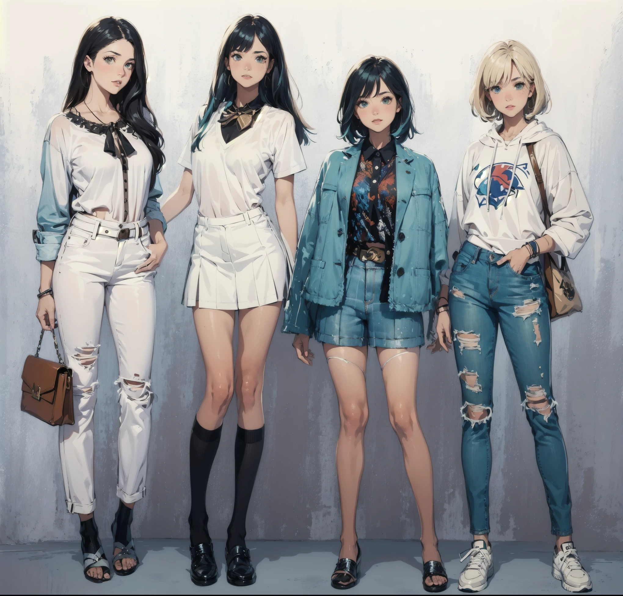 araffes of a group of women standing next to each other, style anime, in the art style of bowater, casual clothing style, fashion concept art, style of stranger things, casual modern clothing, wearing casual clothes, cartoon artstyle, style of anime, trending on artstration, urban girl fanart, fashion clothing, wearing casual clothing, dc marvel fashion
