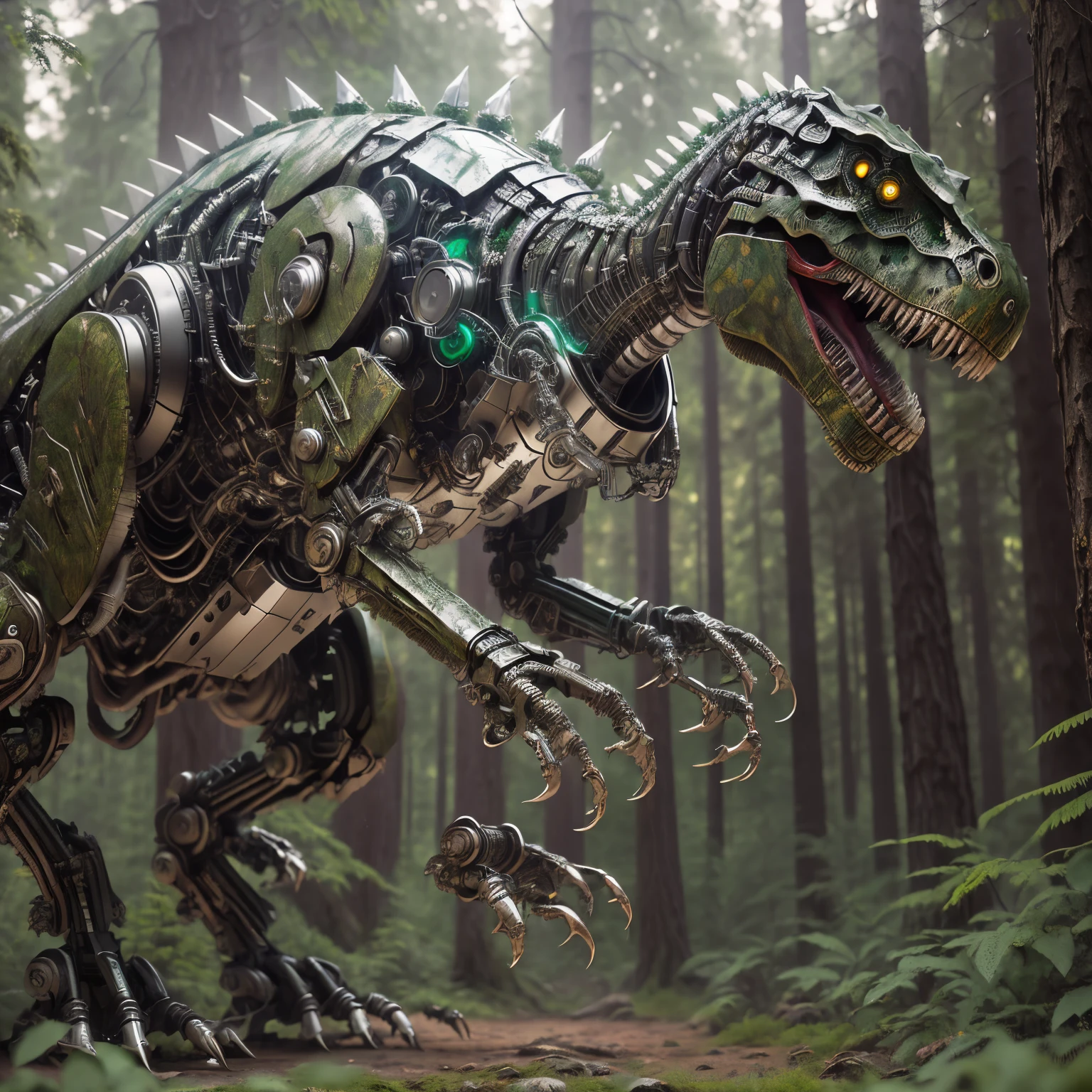 (最high quality, masterpiece, high detail), (8K, high quality, surreal), Tyrannosaurus cyborg reaching out with its hind legs Mech4nim4lAI, (forest), 