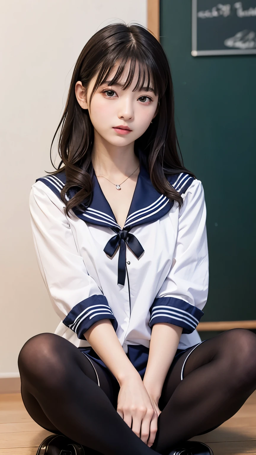 highest quality、professional writing、 Detailed workmanship、high resolution、(8K, High resolution:1.2)、(RAW photo, photorealistic:1.3)、masterpiece、slender body shape、high definition face、Face is in focus、high definition eyes、(Focused, symmetrical pupils:1.2)、slim body shape、High-definition and beautiful skin、firm skin、natural makeup、gross lip, High-definition hair texture、 (Japanese high school girl)、unparalleled beauty、17 years old、cute, hair bun, classroom、(sailor suit、black socks、black loafers:1.3), (Sitting on the floor by the wall:1.3), (hugging own breast tightly with arms:1.3), very cute, (very embarrassed:1.3), (blush:1.3), (afraid:1.3), Strange look、Looking up at the camera:1.2、(shirt front open:1.2), (cleavage, nsfw)