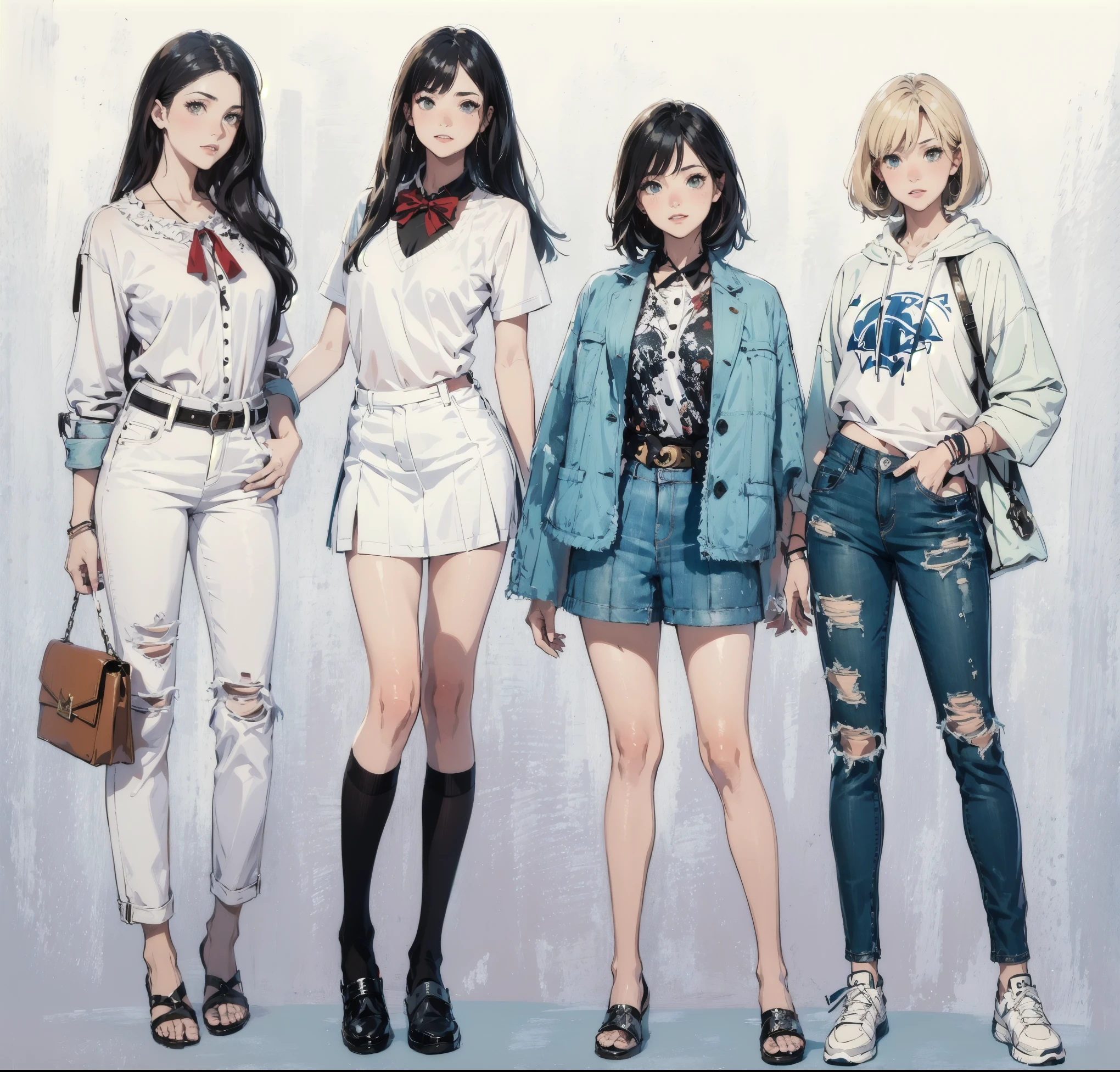 araffes of a group of women standing next to each other, style anime, in the art style of bowater, casual clothing style, fashion concept art, style of stranger things, casual modern clothing, wearing casual clothes, cartoon artstyle, style of anime, trending on artstration, urban girl fanart, fashion clothing, wearing casual clothing, dc marvel fashion