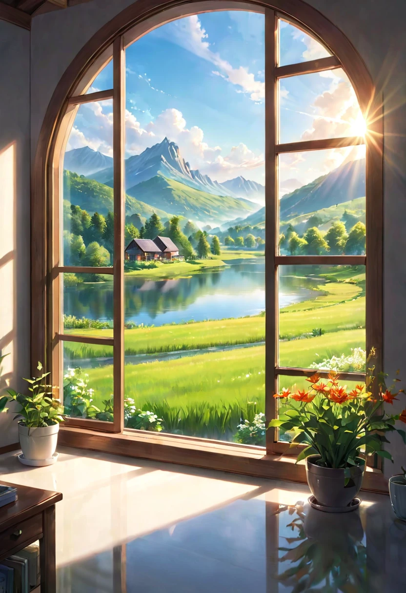 1girl, The View Outside the Window, (4k,8k,highres,:1.2),ultra-detailed,(realistic,photorealistic,photo-realistic:1.37),indoor view,window view,outside scene,outdoor scenery,breathtaking landscape,panoramic view,serene atmosphere,clear blue sky,rolling hills,green meadows,colorful flowers,trees swaying in the wind,sun shining brightly,golden sunlight streaming in through the window,glimmering lake in the distance,crystal-clear water,reflection of the sky on the water surface,lush forests,majestic mountains on the horizon,peaceful countryside,tranquil setting,quiet ambiance,gentle breeze rustling the leaves,morning mist over the fields,tiny birds chirping,soft rays of sunlight illuminating the room,nature's beauty at your doorstep,serenity of the outside world,boundless beauty right outside the window . masterpiece, best quality, very aesthetic, absurdres, aesthetic