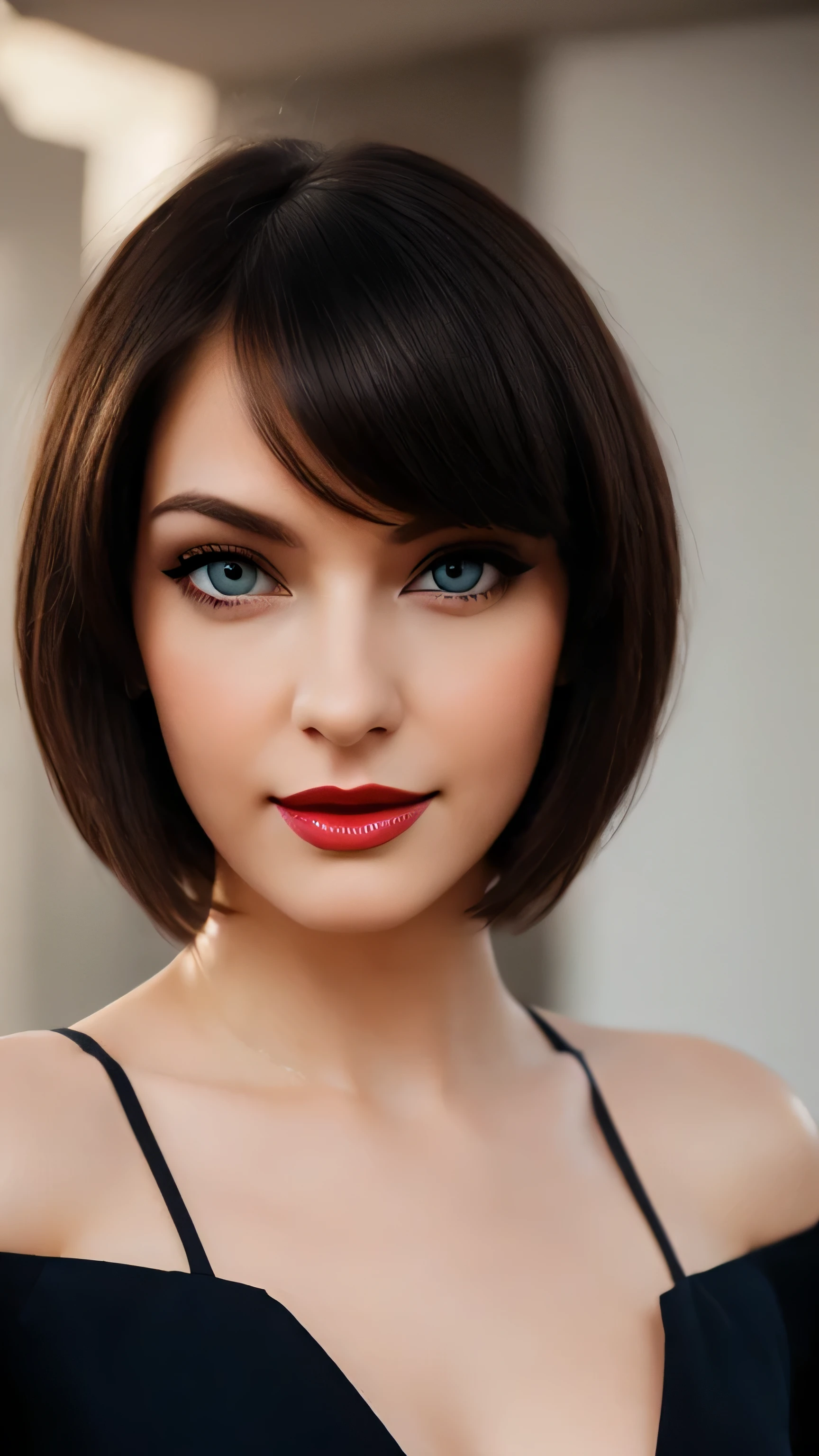 beautiful 35 years old woman, (pale skin), (blue eyes), realistic, happy face, (red lipstic), expresive smile, ((short shoulder length hair), (black hair)), ((small breast), ( no cleavage)), Tailored suit for ladies, elegant pose, photorealistic, photorealistic, Nikon, UHD, retina, masterpiece, textured skin, super detail, high quality, award winning, best quality, highres, 8k