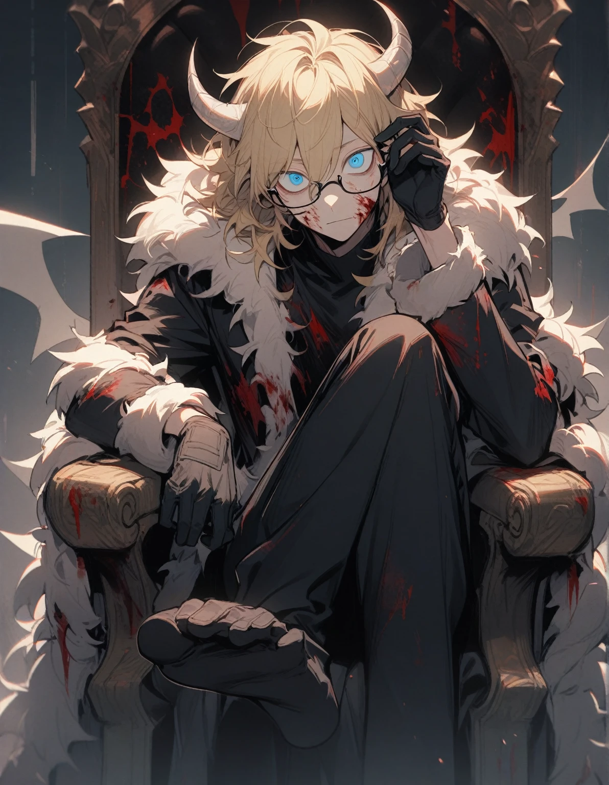 1 man, blue eyes, blond hair, short disheveled hair with bangs, looks at the viewer, wears glasses, wears a black shirt with fur trim, black pants, black gloves, white large demonic horns and white large demonic wings, sits on a throne, crazy eyes, blood on clothes and on his face, Foot to foot, delicate tones