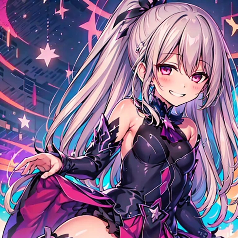 (best quality:1.2), 1 girl, alone, ponytail, star hairpins, black feather hairpin, vibrant colors, dreamlike lighting, detailed floral background, evil smile