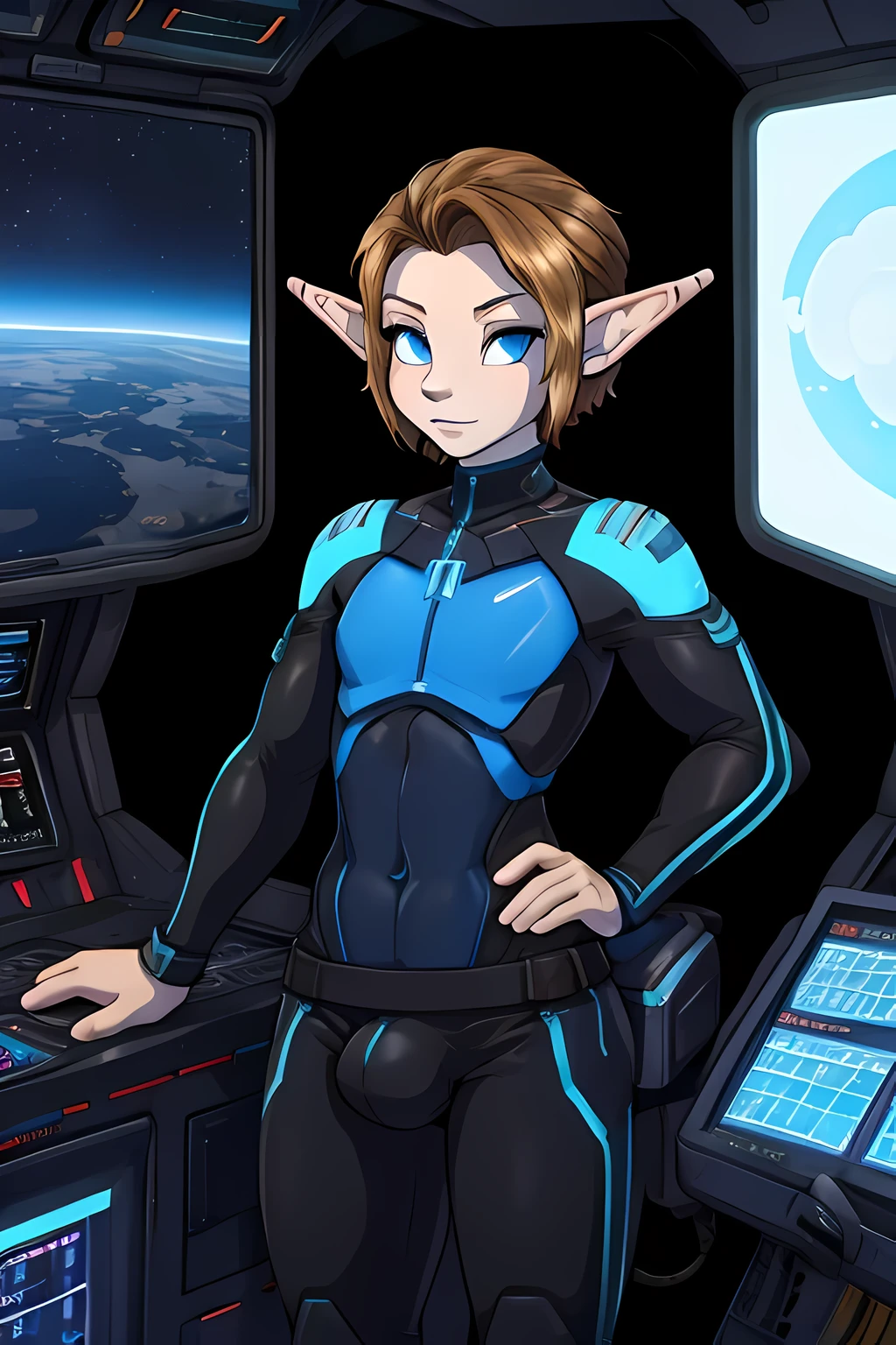 Cute elf tomboy, space station background, thin body, slim, tron bodysuit, very short hair, dark blonde hair, slicked back hair, forehead, huge bulge in pants, blue eyes, forehead, flat chested