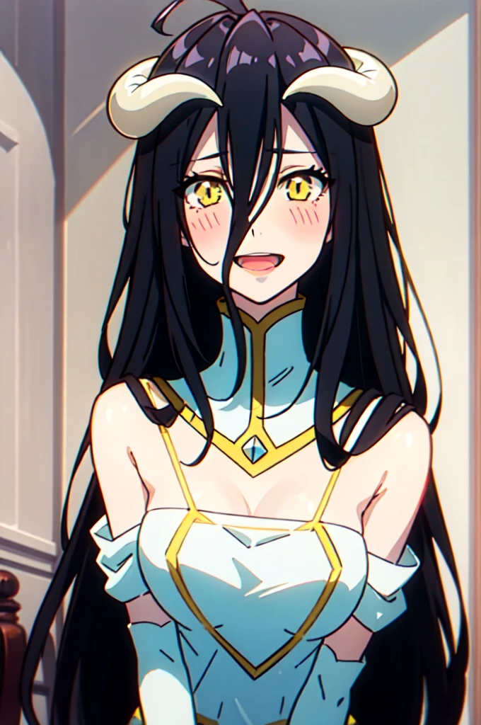 albedow, medium breasts, long black hair, yellow eyes, white dress, white elbow gloves, looking at viewer, :d, blush, saliva, upper body