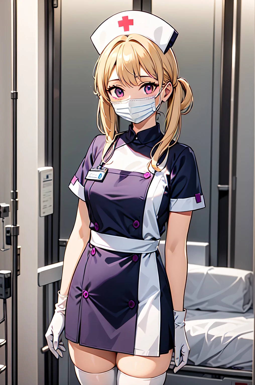 1girl, solo, nurse, nurse cap, white nurse uniform, ((white legwear, zettai ryouiki)), white gloves, twintails, yellow hair, purple eyes, ((white surgical mask, covered nose)), standing, ((hospital room)), sharp outline, short sleeves, best quality, masterpiece
