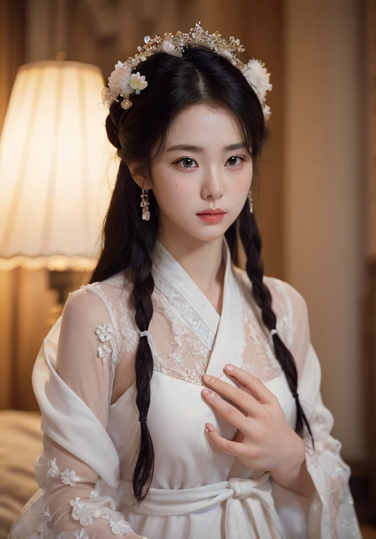 1girl, (beauty breast), (upper body), ((very transparent) Hanfu), (erotic_pose), indoor bedroom castle (blur background), (masterpiece),leejieun, (aphrodite goddess), pretty young face (Russian) (Asian), adept art, very best quality detailed face:1.5, (8k HD graphic, (soft and chill light), best quality detailed ultra highres:1.2 dynamic lighting, artstation, winner photography, volumemetricslighting),