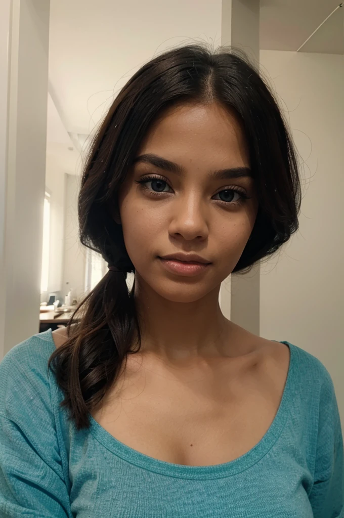Young beautiful black woman with emerald blue eyes looks at camera realistic 