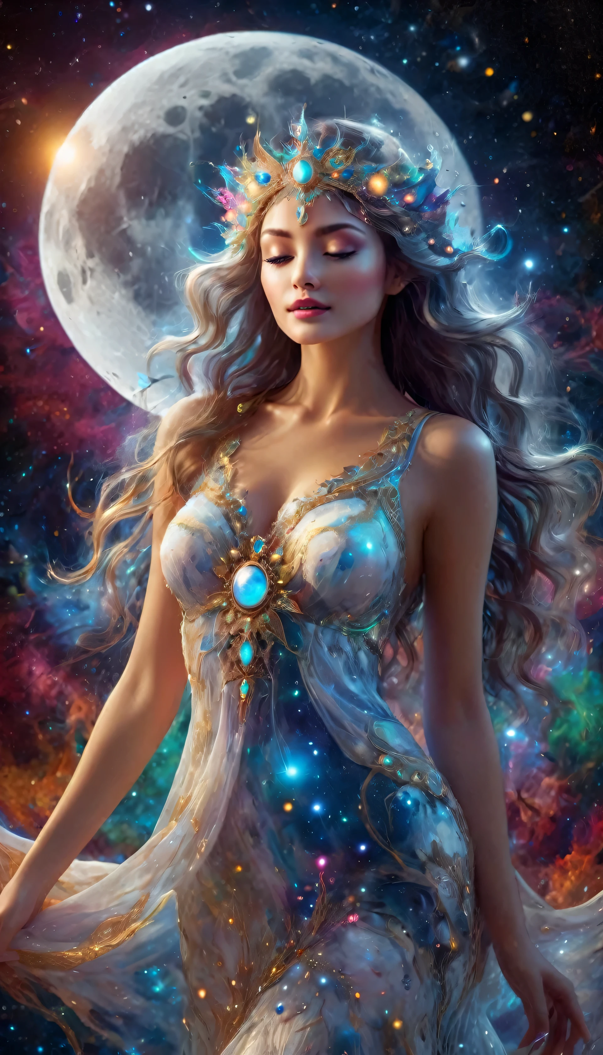 Moon Goddess, ultra details, ultra beautiful,ultra vivid cosmic colors, ultra enhancements, ultra full Uhd, ultra resolution 